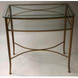 CONSOLE TABLE, bowfronted gilt metal with two tier glass shelves, 74cm x 44cm x 74cm H.