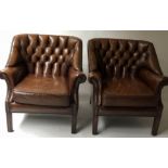 CLUB ARMCHAIRS, a pair, George III style, hand dyed leather each with button back and cushion seat,