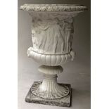 GARDEN URN, well weathered reconstituted stone, of campana form, with classical figure frieze,