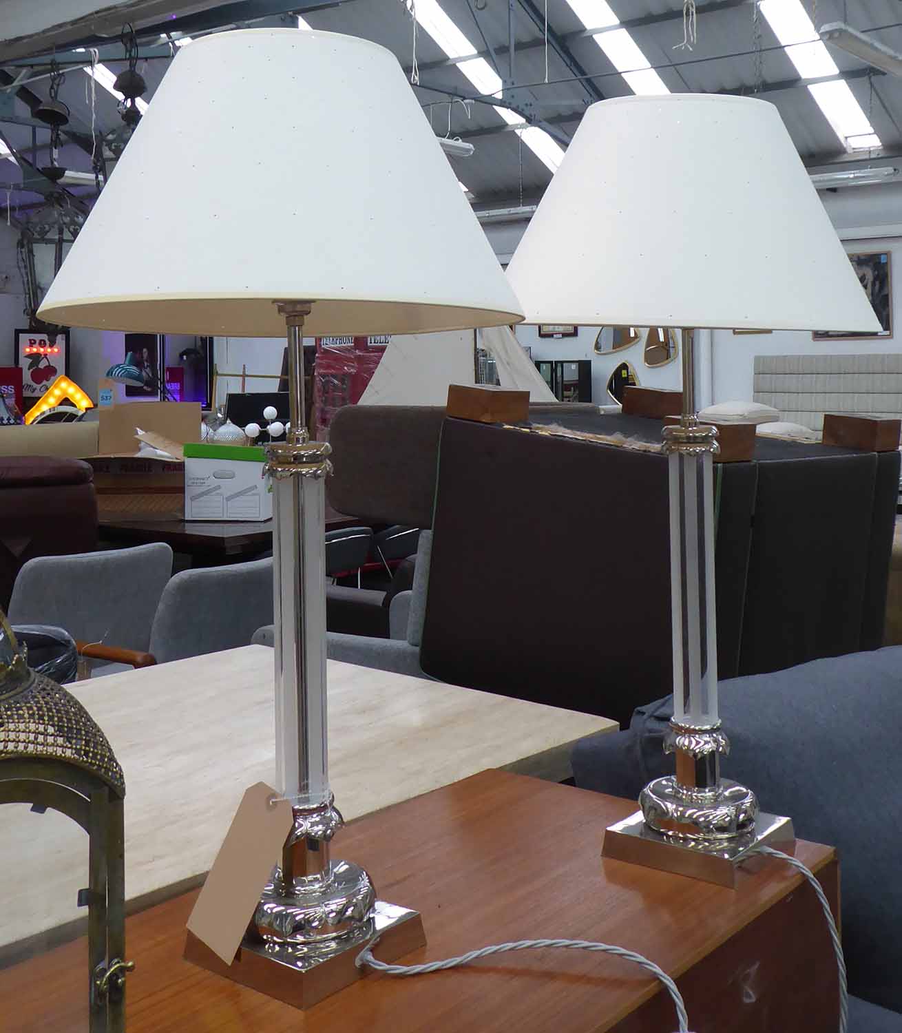 TABLE LAMPS, a pair, contemporary column design, with shades, 79cm H.