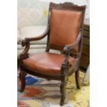 FAUTEUIL, Louis Philippe mahogany framed in burgundy leather on short scrolled front supports,