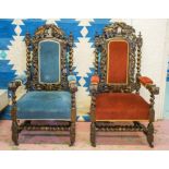 THRONE CHAIRS, a near pair, late Victorian oak,