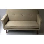 ORLA KIELY SOFA, 1960's style, pale green linen slab upholstered, button back and turned supports,