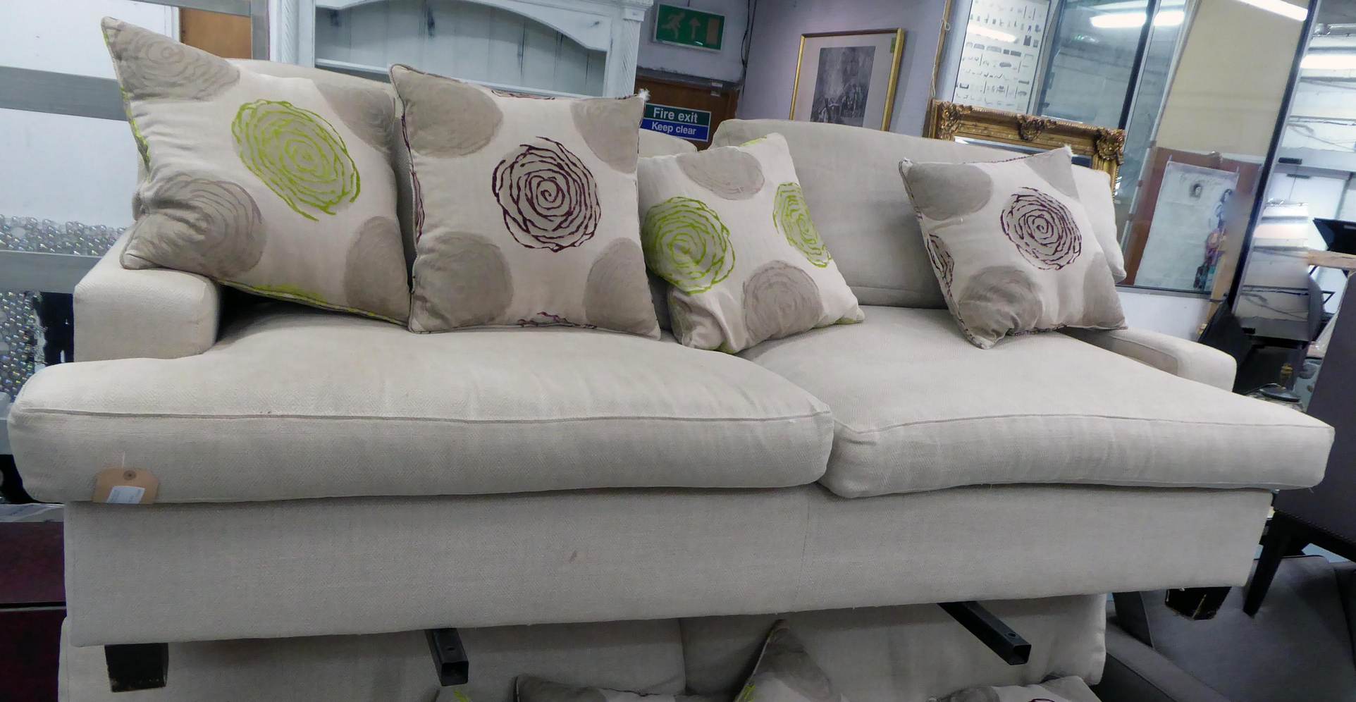 SOFA, contemporary herringbone fabric finish, with floral design scatter cushions, 225cm W.