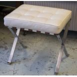 BARCELONA STYLE STOOL, white leather and steel, 47cm H x 51cm x 41cm.