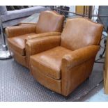 CLUB ARMCHAIRS, a pair, Deco style, brown leather, each 76cm W x 81cm H.