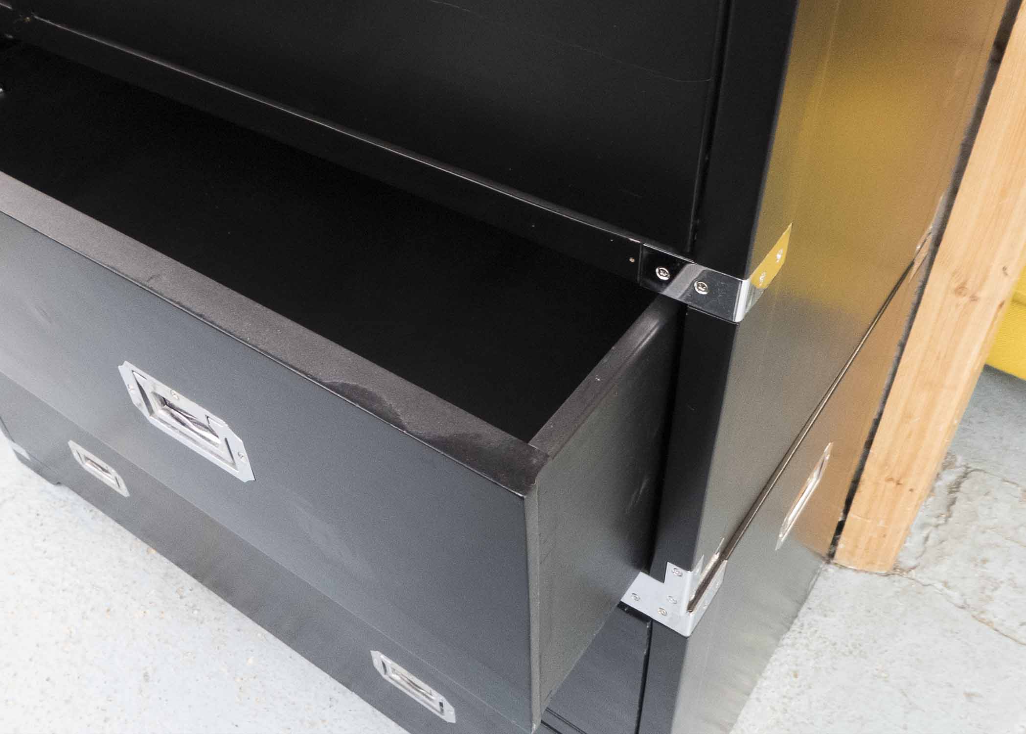 CAMPAIGN STYLE CHEST, contemporary ebonised finish, 108cmm x 48cm x 110cm. - Image 3 of 3