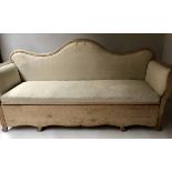 SWEDISH DAY BED, 19th century Swedish pine and linen upholstered with pull out seat and scroll arms,