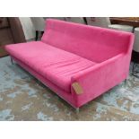 SOFA/DAY BED, in pink velvet on polished metal supports, 190cm x 80cm x 70cm H.