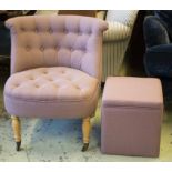 CHAIR, buttoned mauve fabric, 66cm W, and a matching stool/ottoman with loose top, 39cm H x 34cm.