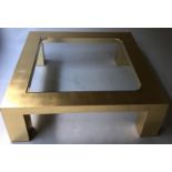 LOW TABLE, contemporary square gold leaf with glass centre, 115cm x 115cm x 37cm H.