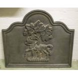 FIREBACK, 17th century style cast iron with horse and tree decoration, 63cm H x 73cm W.