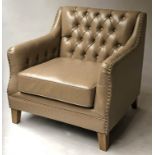 ARMCHAIR, club style taupe button leather upholstered with cushion seat and square supports, 84cm W.