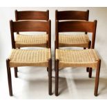 DINING CHAIRS, a set of four, Danish teak with strung seats, 74cm H.