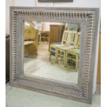 WALL MIRROR, Indian grey painted with square carved pendant frame, 130cm W.