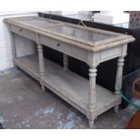 SERVING TABLE, in the country house style, stone top with two drawers, 200cm x 55cm x 86cm.
