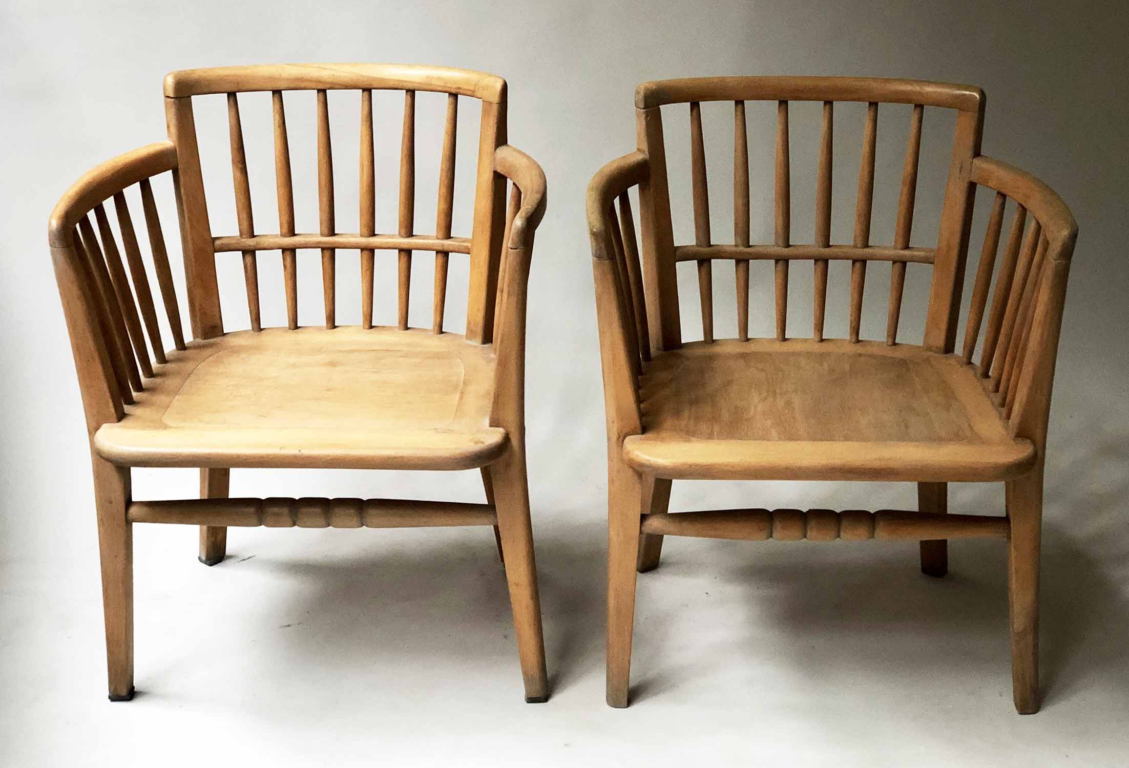 LINER CHAIRS, a pair, 1940's in scrubbed beech, 57cm W.