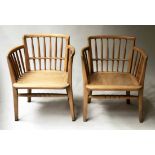 LINER CHAIRS, a pair, 1940's in scrubbed beech, 57cm W.