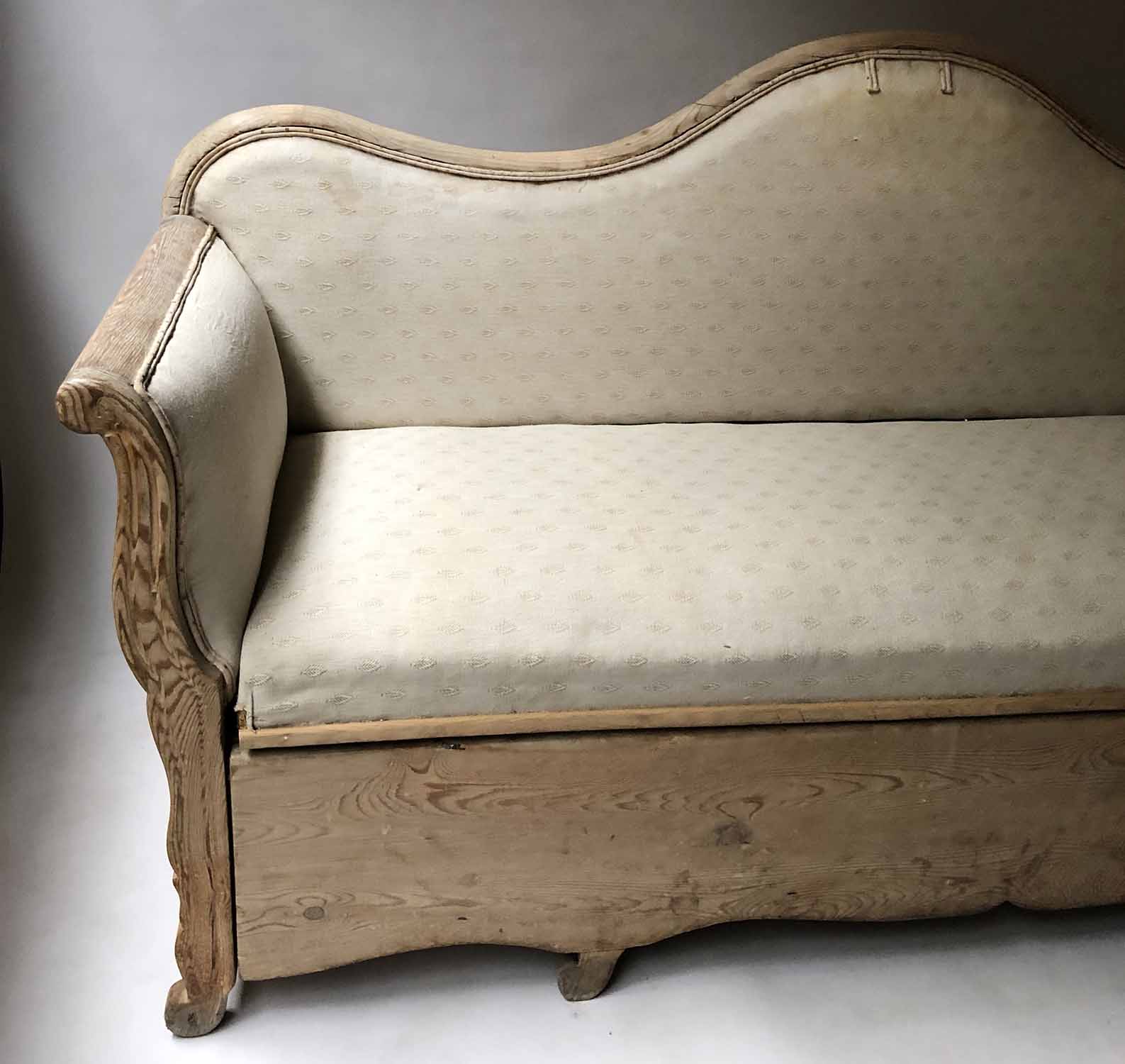 SWEDISH DAY BED, 19th century Swedish pine and linen upholstered with pull out seat and scroll arms, - Image 3 of 4