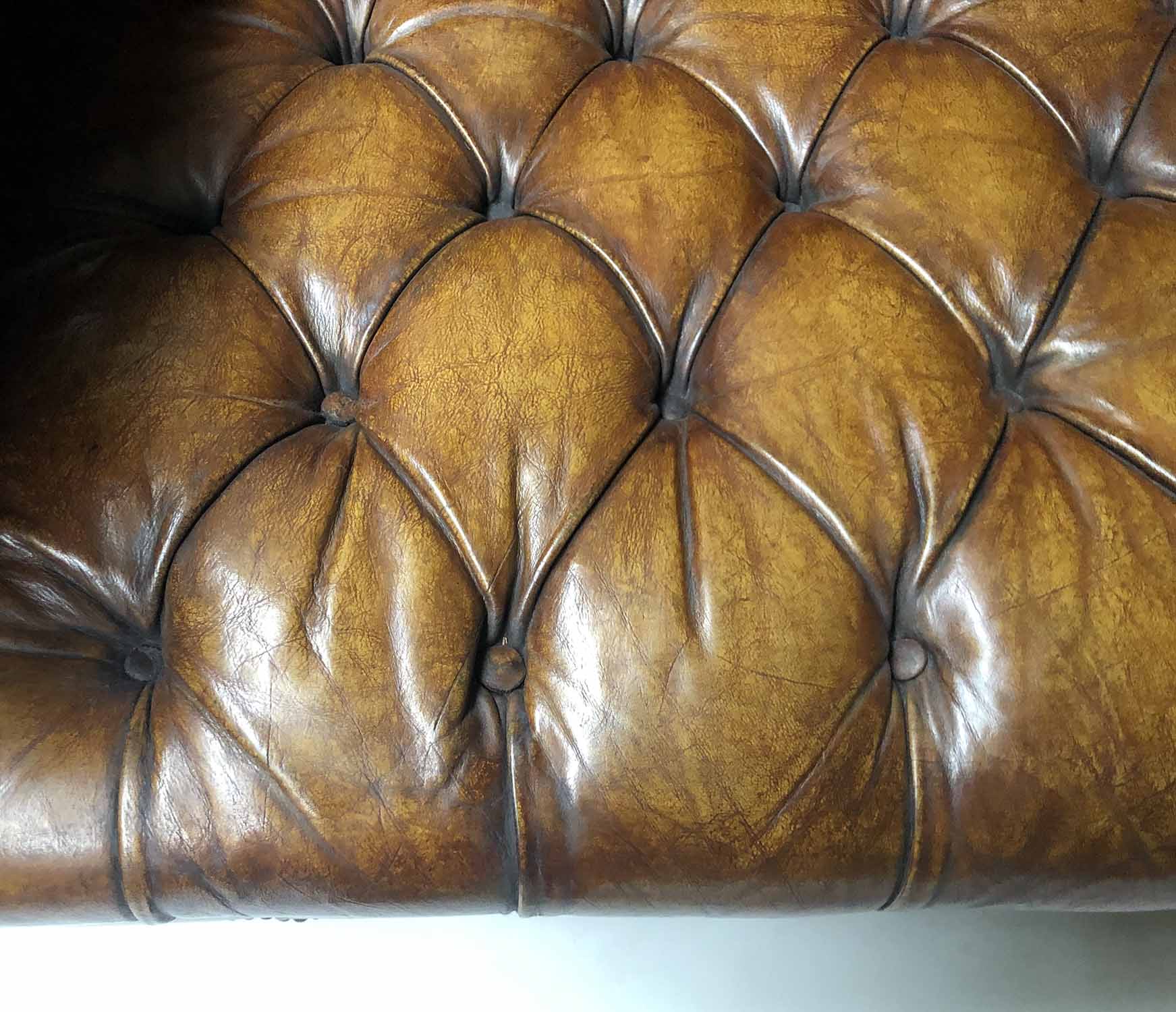 CHESTERFIELD SOFA, early 20th century buttoned tan leather, 210cm W. - Image 3 of 4