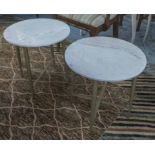 SIDE TABLES, a pair, 1950's Italian style, gilt with marble tops, 45cm H x 43cm diam.