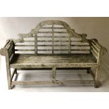 MARLBOROUGH STYLE GARDEN BENCH, lychen weathered teak after a design by Sir Edwin Lutyens, 166cm W.