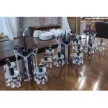 CHANDELIERS, three, black and clear glass, each 44cm H x 46cm.