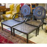 ARMCHAIRS, a pair, distressed ebonised and caned in Georgian taste with flowerhead backs, 72cm W,