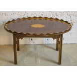 TRAY TABLE, Georgian style mahogany and conch shell inlaid of brass handled oval form on stand,