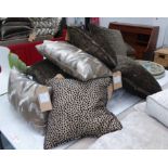 CUSHIONS, six brown chenille each 40cm x 40cm, three in leopard inspired dots,
