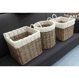 LOG BASKETS, a collection of three, of various sized and shapes, 40cm x 40cm x 38cm at largest.