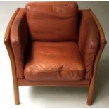ARMCHAIR, mid 20th century Danish in mid brown leather, 83cm W.