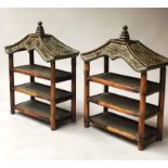 HANGING SHELVES, a pair, bamboo and cane shelved each with verdigris pagoda tops, 59cm H x 44cm W.