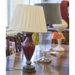 TABLE LAMPS, four various including red spiral glass, clear glass and nickel,