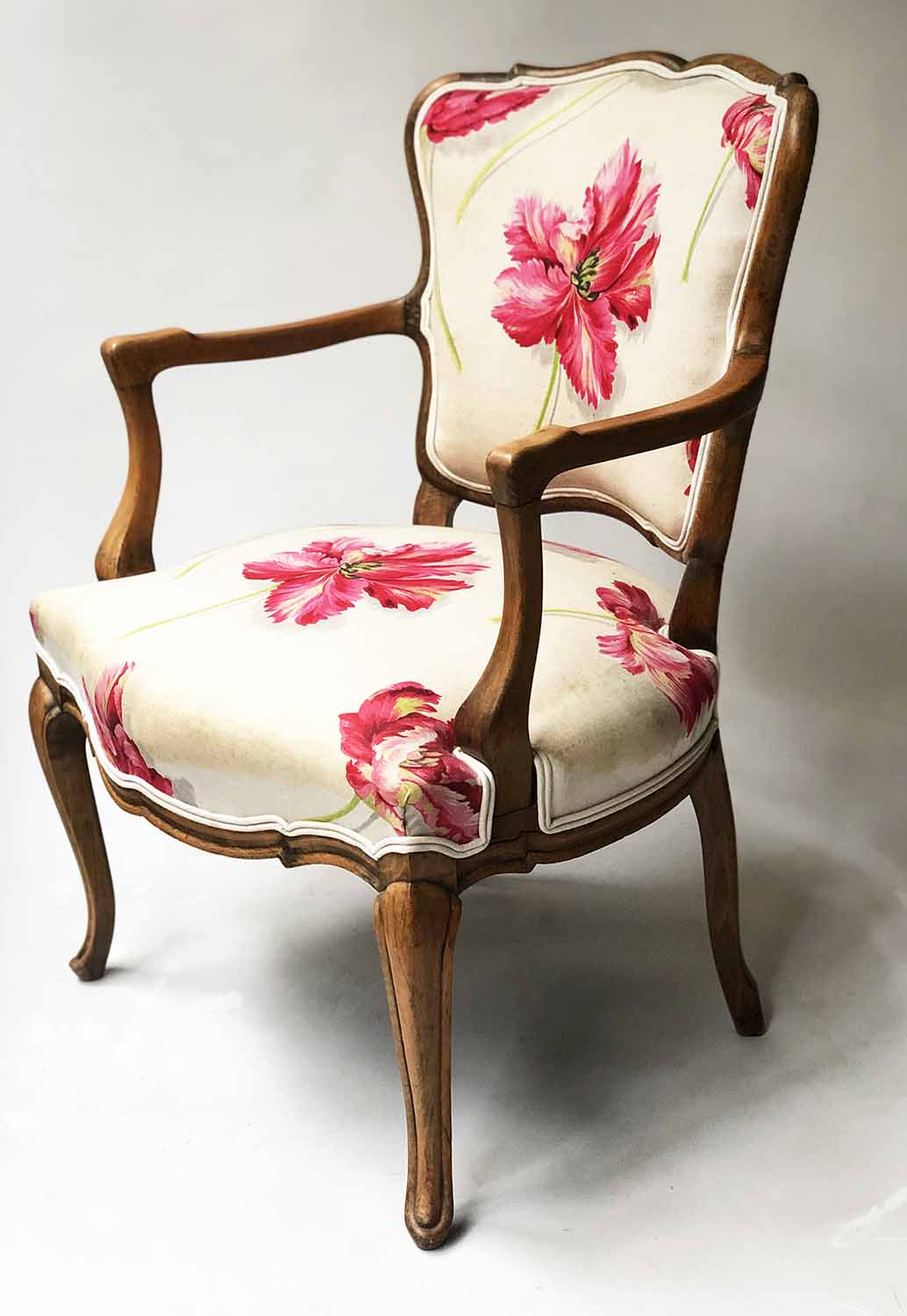 FAUTEUILS, a pair, French Louis XV style, lined back and floral cotton upholstery. - Image 2 of 3