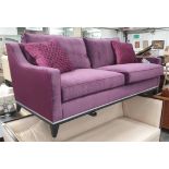 BESPOKE SOFA LONDON SOFA, purple fabric with two patterned scatter cushions,