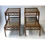 BEDSIDE/LAMP TABLES, a pair, two tier wicker and cane trellis panelled with glass tops,