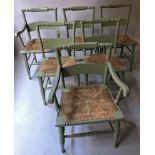 COUNTRY DINING CHAIRS, a set of six green painted and rush seated, including two armchairs,