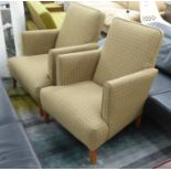 ARMCHAIRS, a pair, each with gold and red checked upholstery, 78cm W x 91cm H.