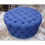 PURE WHITE LINES CUSH BLUE OTTOMAN, 90cm diam x 50cm H.