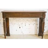 CONSOLE TABLES, a pair, part 19th century mahogany with shallow tops on reeded front legs, adapted,