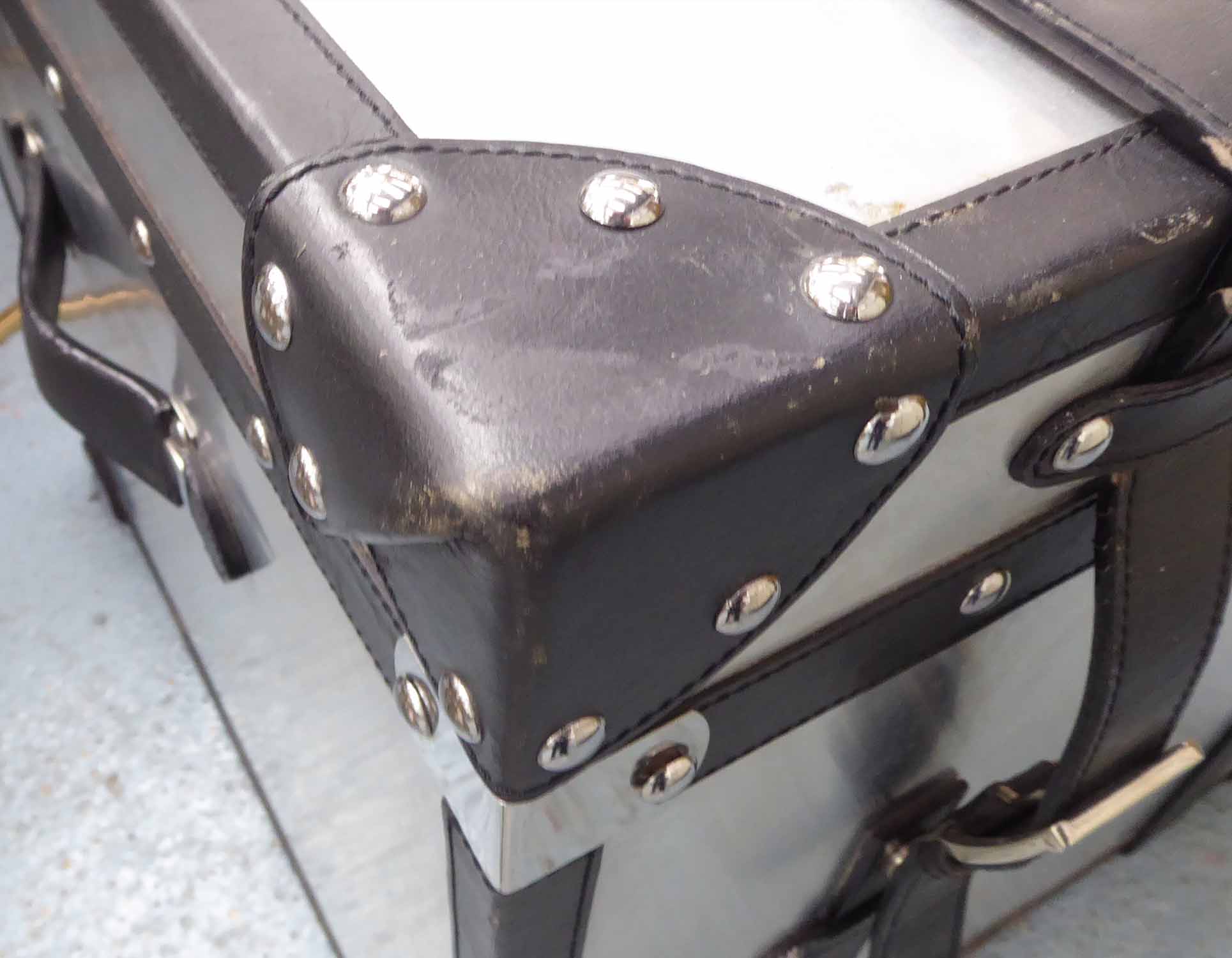 TRUNK, aviator style with leather detailing, rise up top, 56cm x 56cm x 56cm. - Image 2 of 2