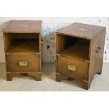 BEDSIDE CHESTS, a pair, military style mahogany and brass bound,
