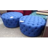 PURE WHITE LINES CUSH BLUE OTTOMANS, a pair, 90cm diam x 50cm H.