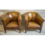 TUB CHAIRS, a pair, in brown leather, 78cm W.