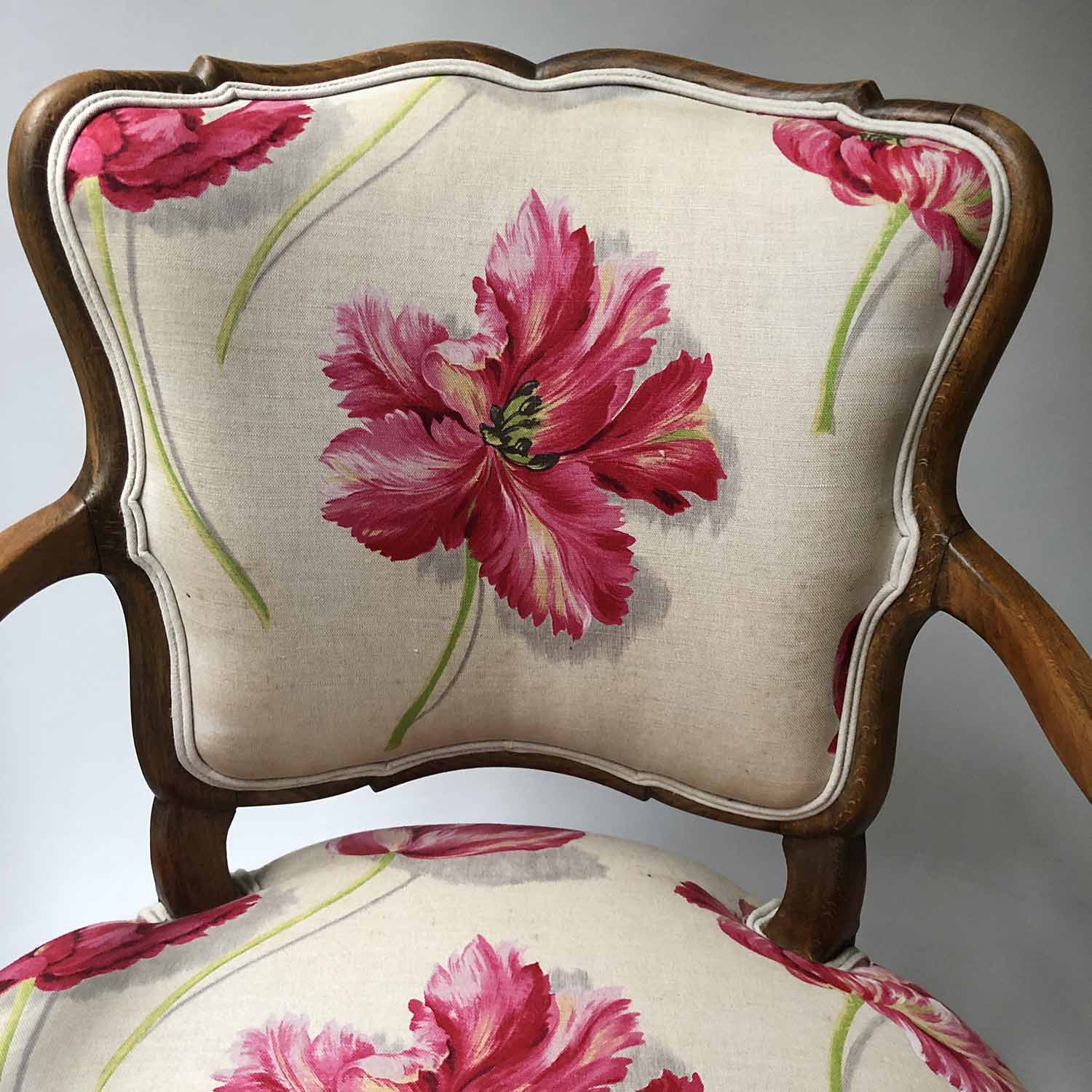 FAUTEUILS, a pair, French Louis XV style, lined back and floral cotton upholstery. - Image 3 of 3