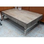 HAMPTONS STYLE LOW TABLE, contemporary grey wood with drawers on polished metal supports.