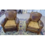 ARMCHAIRS, a pair, Art Deco with distressed tan leather upholstery, 82cm W x 87cm H.