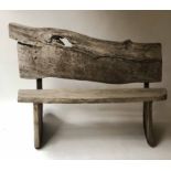 RUSTIC GARDEN BENCH, weathered sawn oak with slab back and seat, 136cm W.