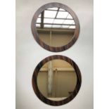 WALL MIRRORS, a pair, circular with calamander wood effect frames, 60cm diam.